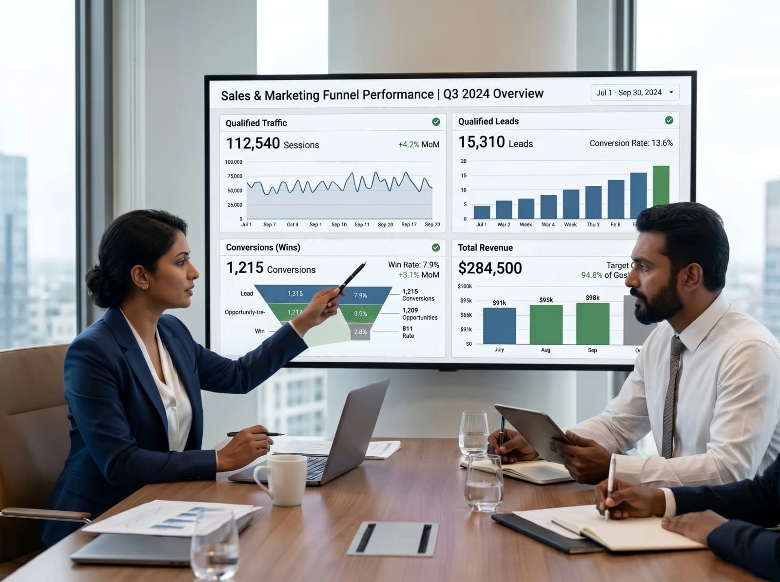 Marketing team reviewing a sales and marketing funnel dashboard showing qualified traffic, leads, conversions and revenue