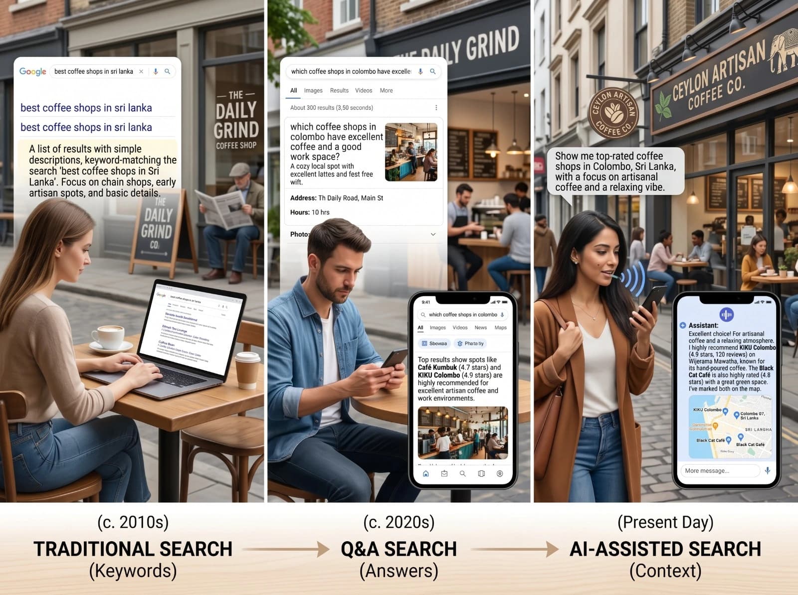 How search has evolved from traditional keyword search to Q&A search and today's AI-assisted search