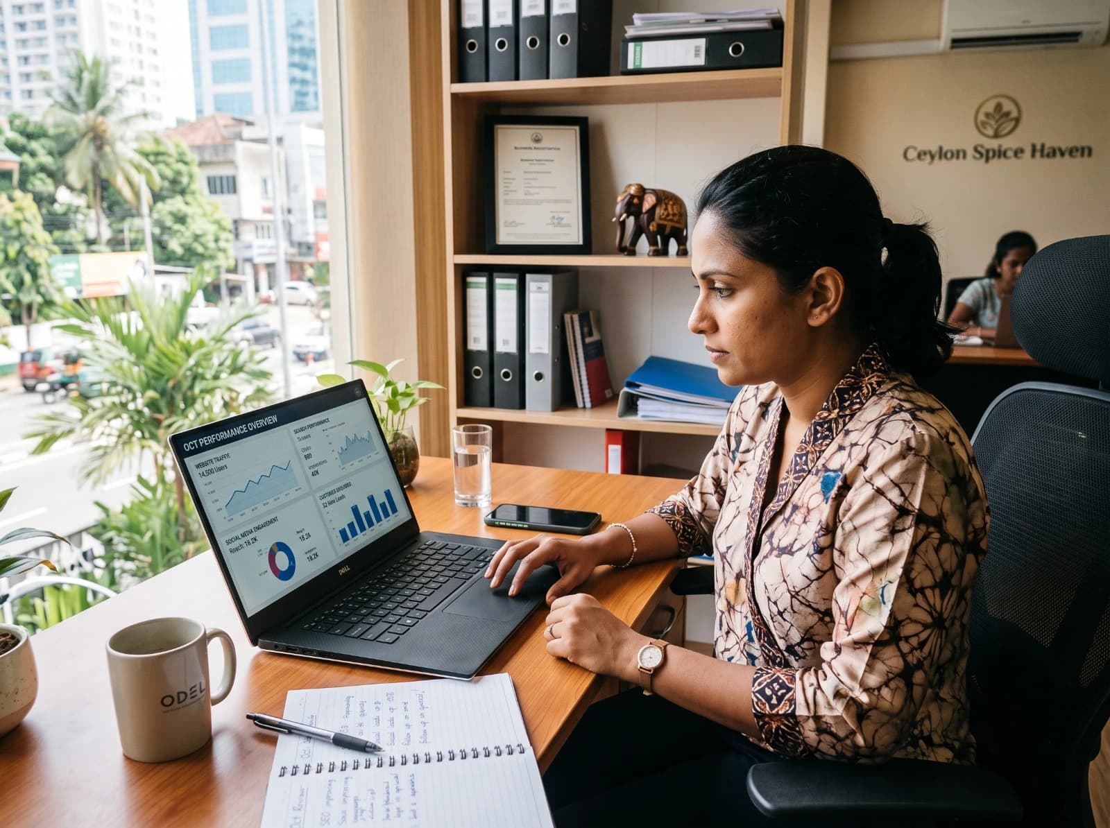 Small business owner in Sri Lanka reviewing a monthly digital marketing performance dashboard on a laptop