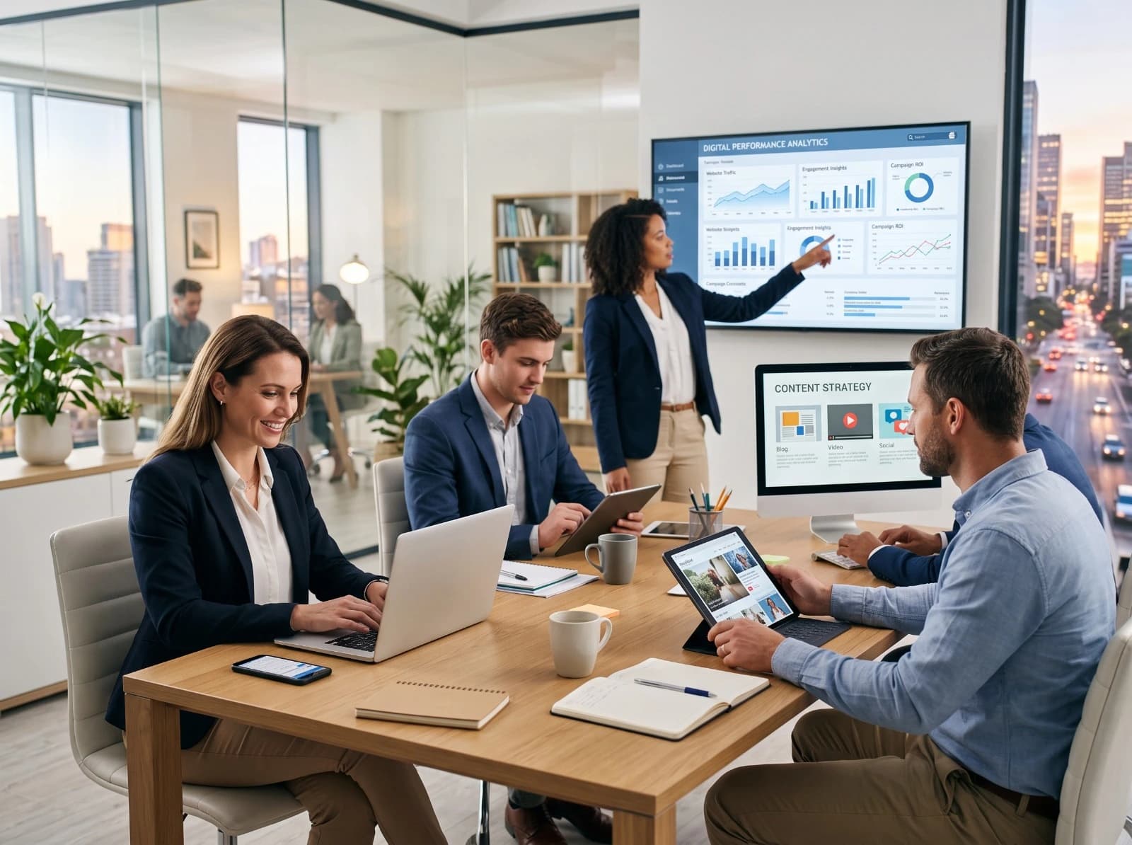 Digital marketing team discussing campaign analytics and content strategy in a meeting room